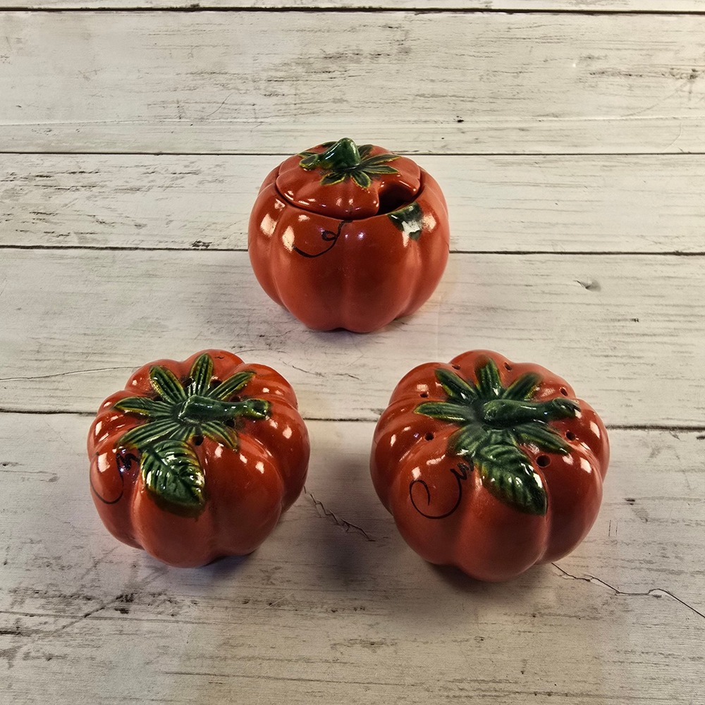 Vintage Ceramic Pumpkin Tomato Salt Pepper Shakers and Lidded Jam Pot Set Orange